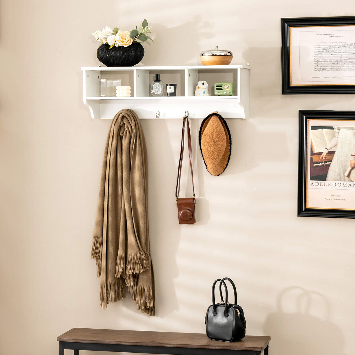 Wall Mount Entryway Storage Shelf with Hooks