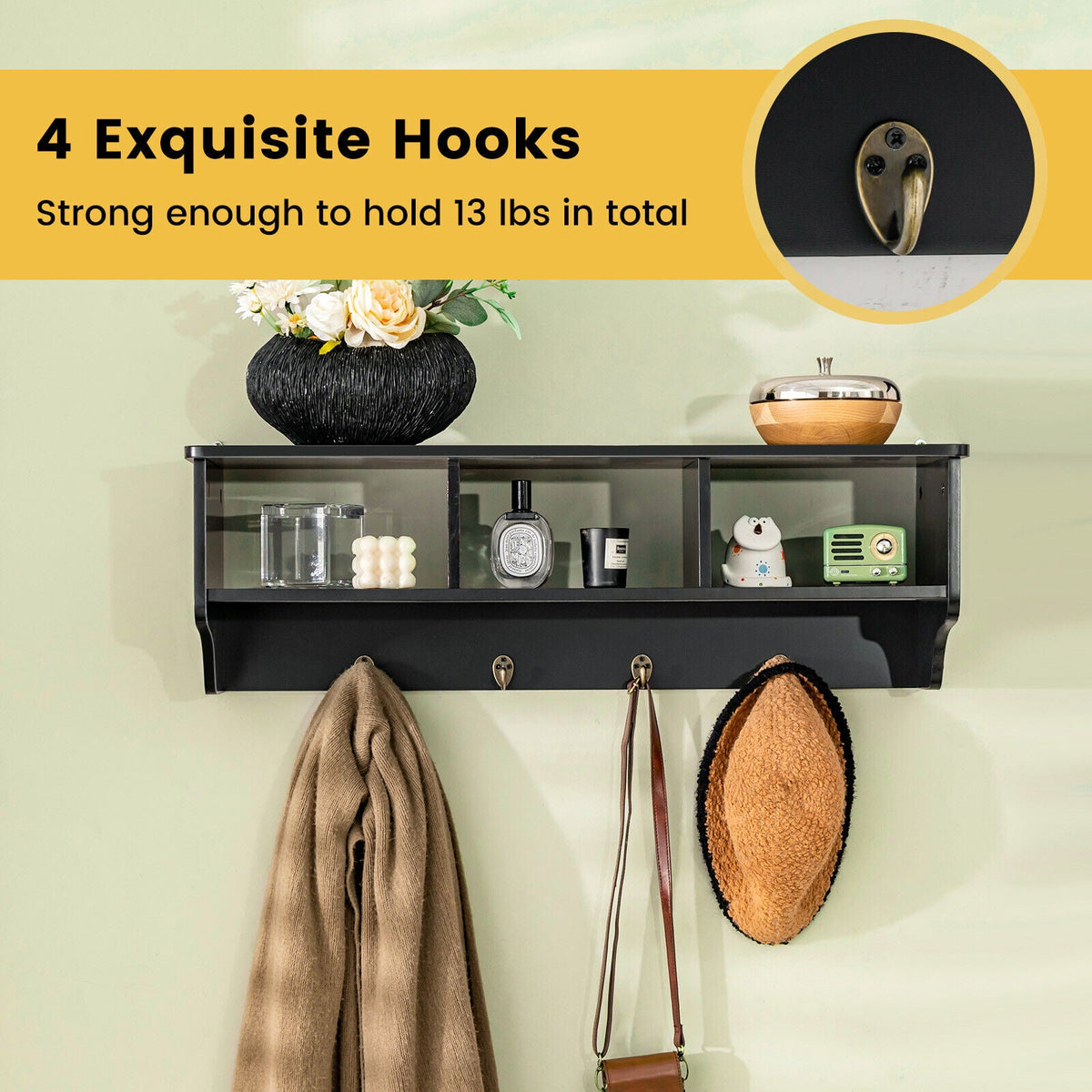 Wall Mount Entryway Storage Shelf with Hooks