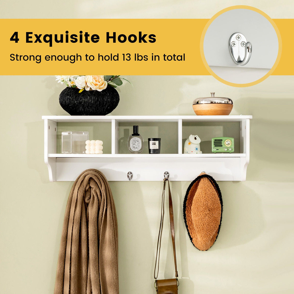 Wall Mount Entryway Storage Shelf with Hooks