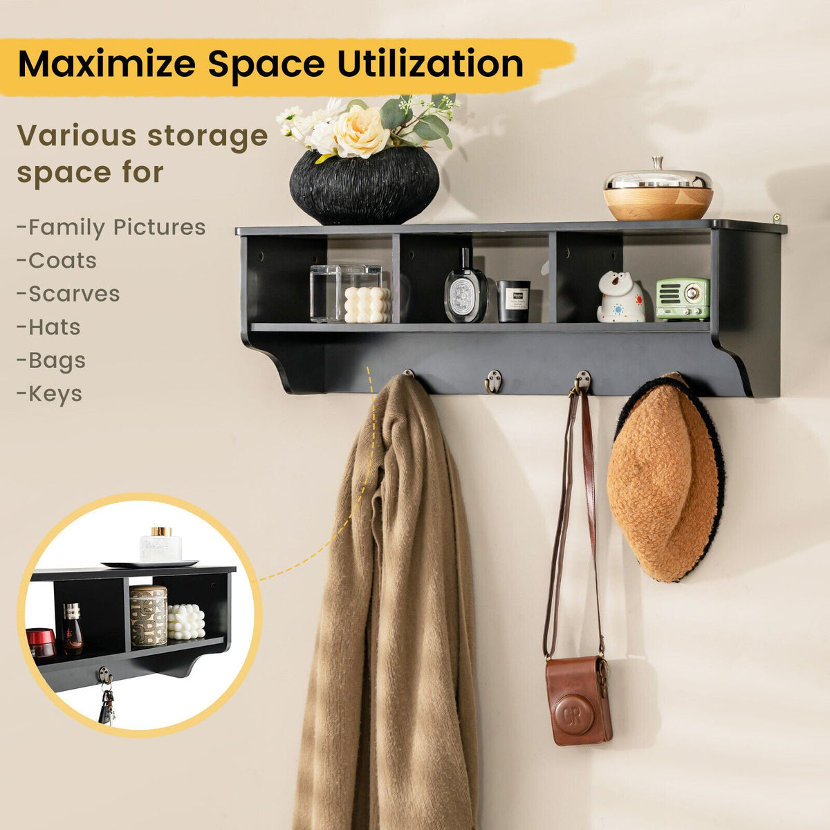 Wall Mount Entryway Storage Shelf with Hooks
