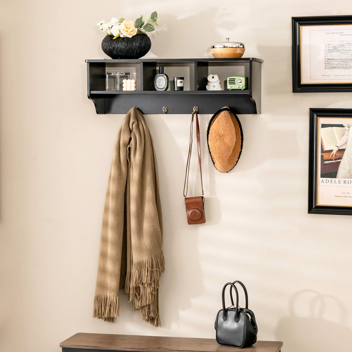 Wall Mount Entryway Storage Shelf with Hooks