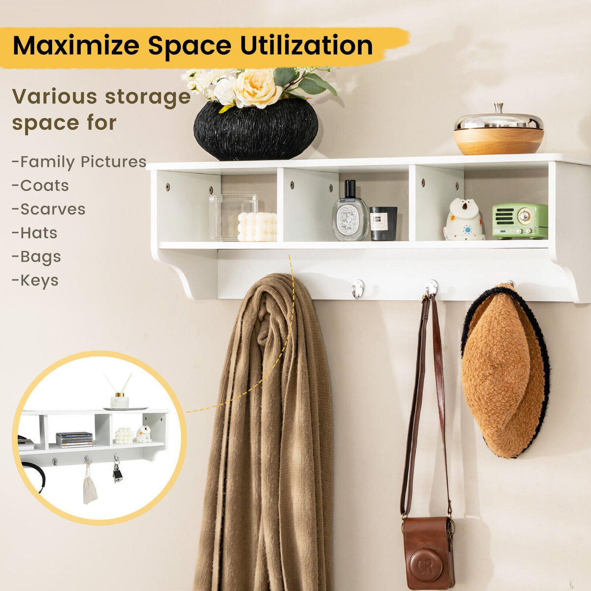 Wall Mount Entryway Storage Shelf with Hooks