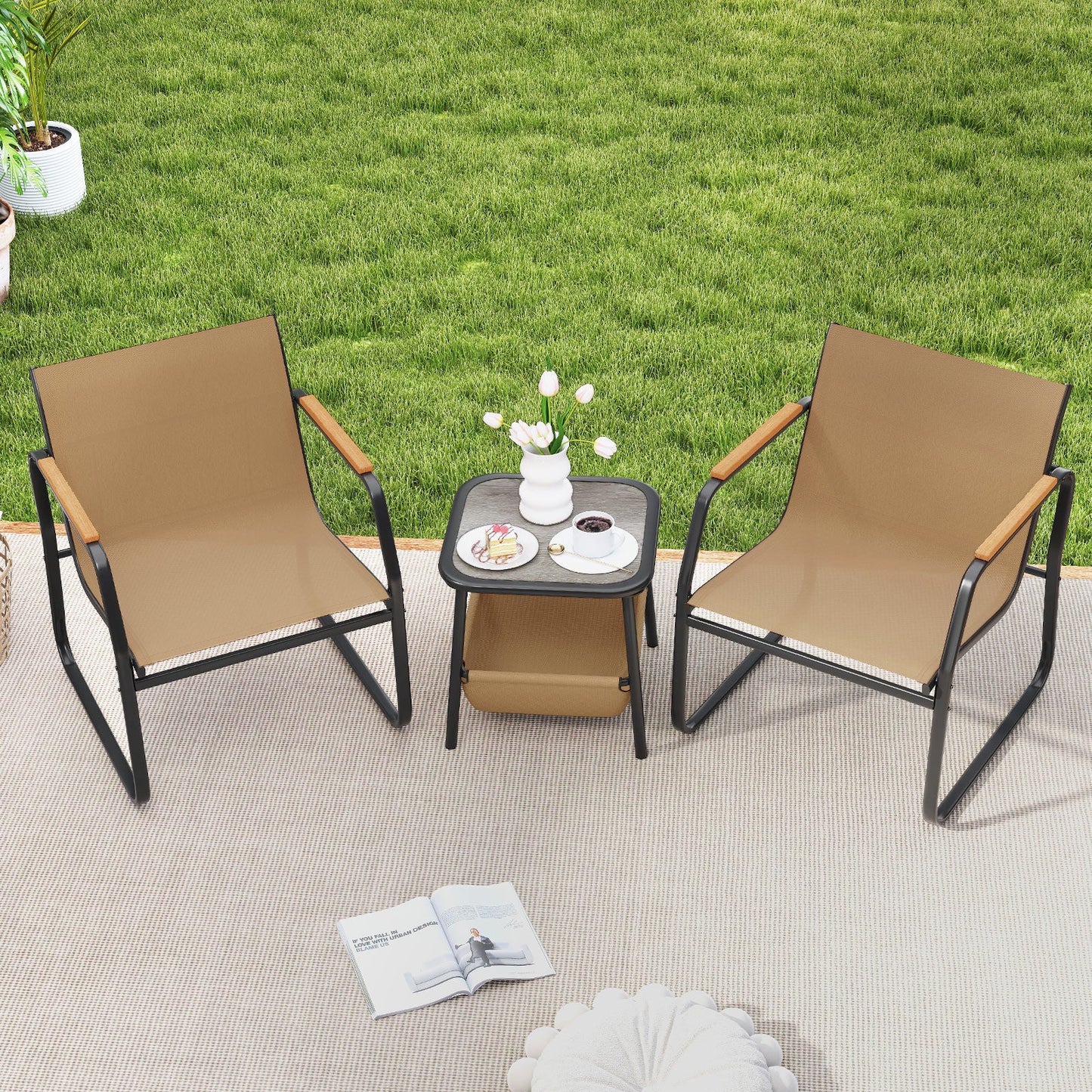 3 Piece Outdoor Bistro Set-Brown