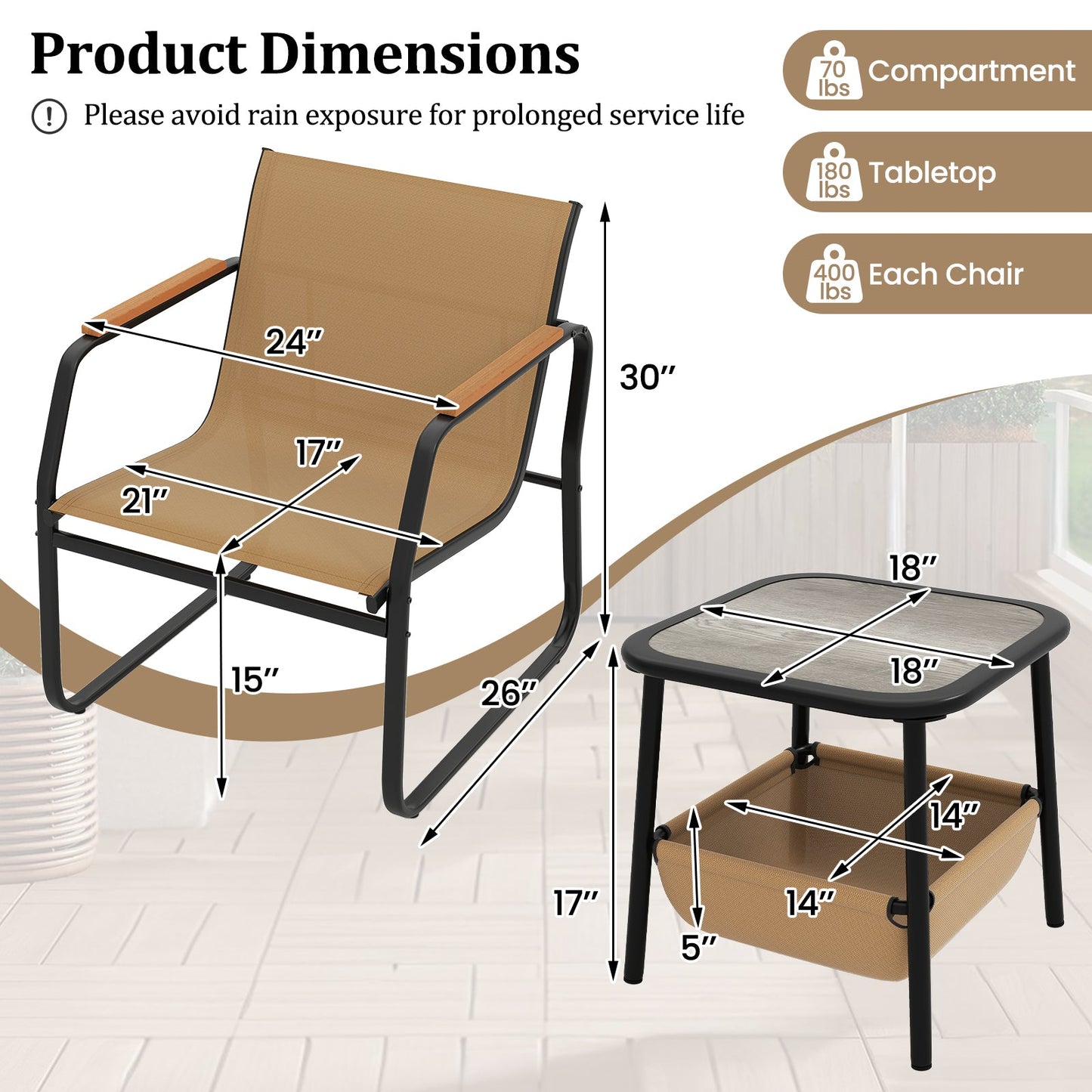 3 Piece Outdoor Bistro Set-Brown
