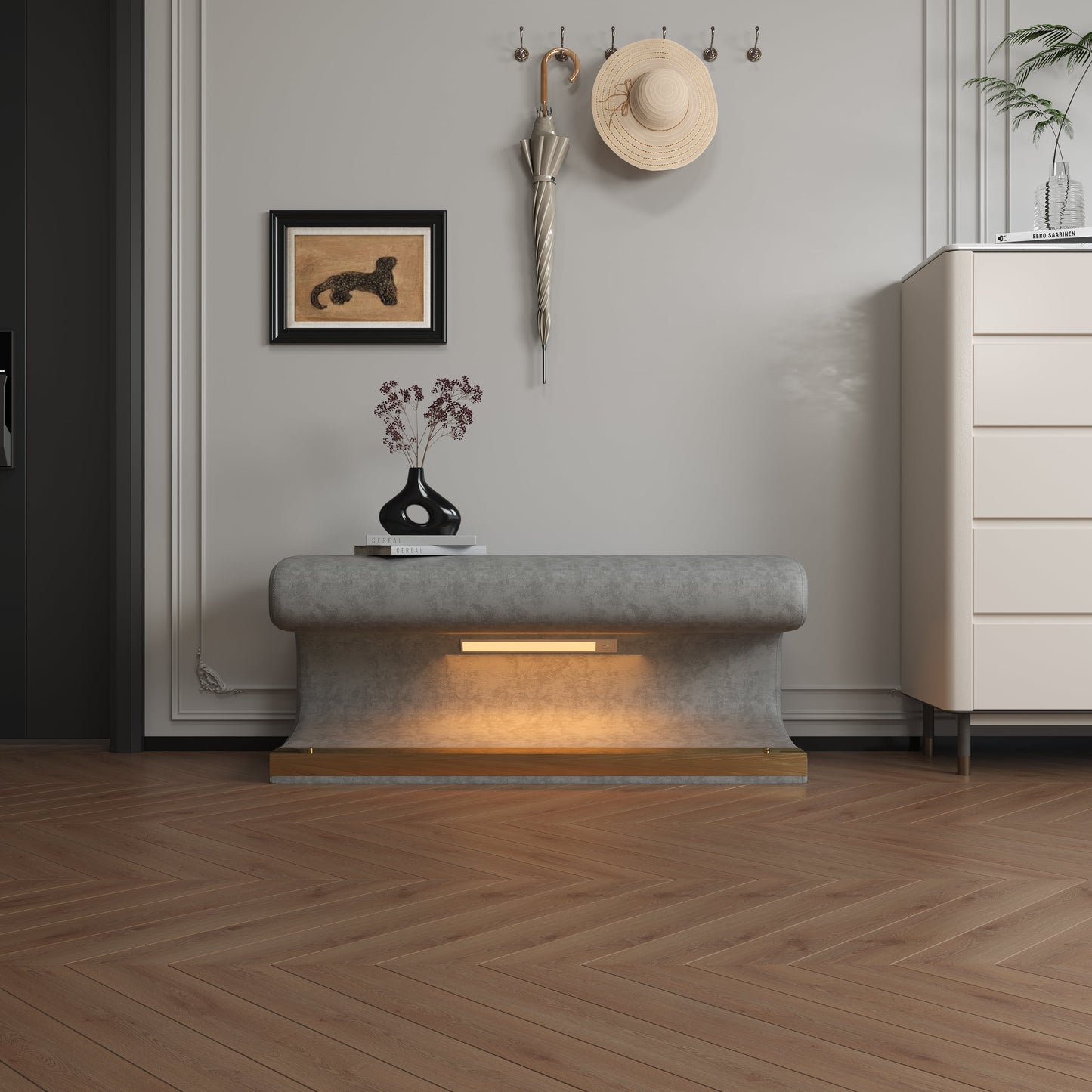 Leather  Upholstered Bench with LED Sensor Light
