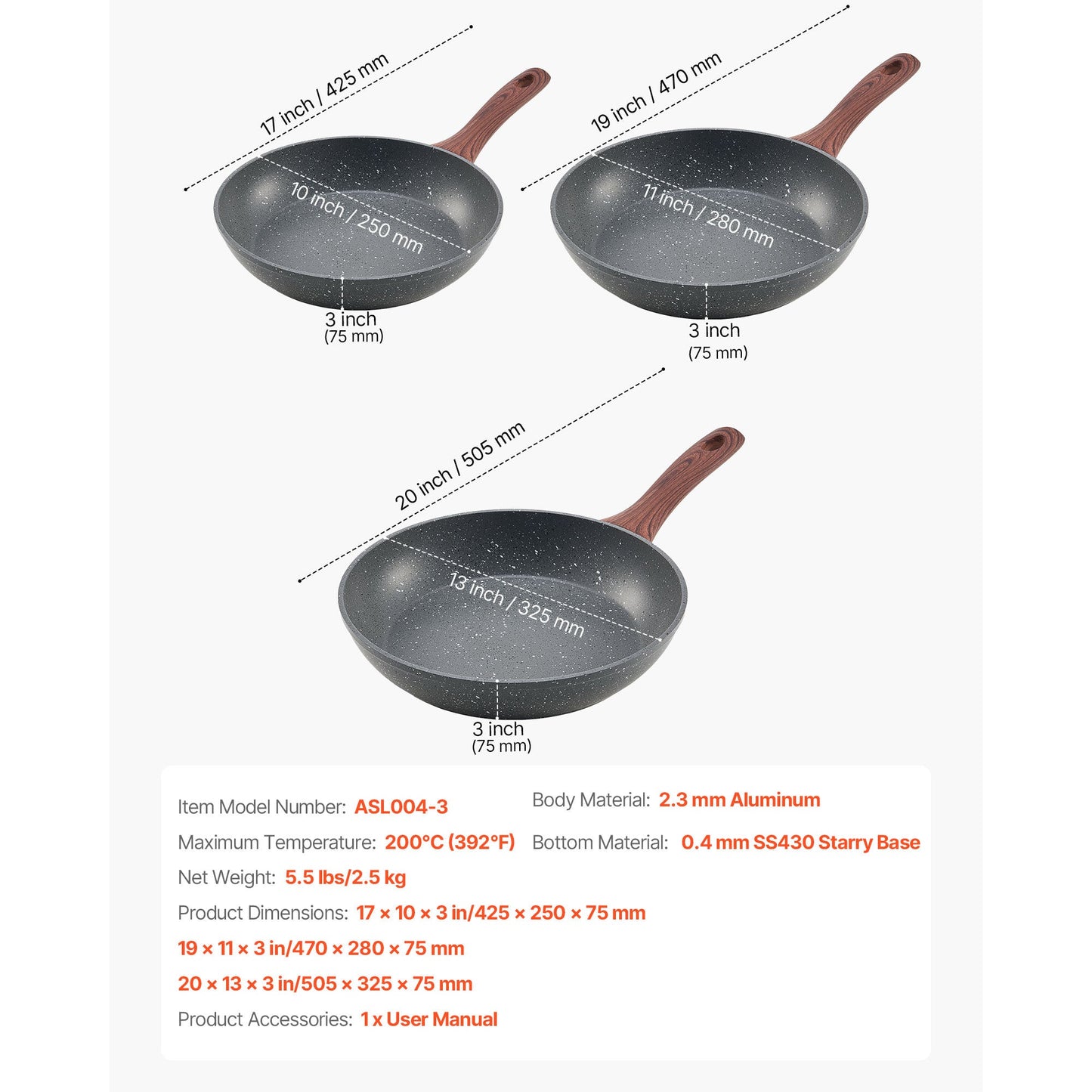 3 Piece Frying Pan Aluminum Skillet Set-Grey