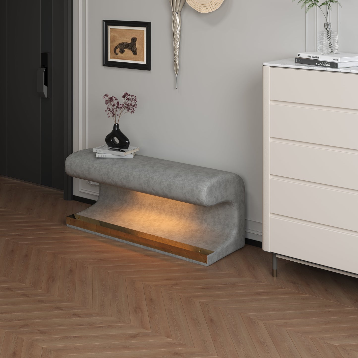 Leather  Upholstered Bench with LED Sensor Light