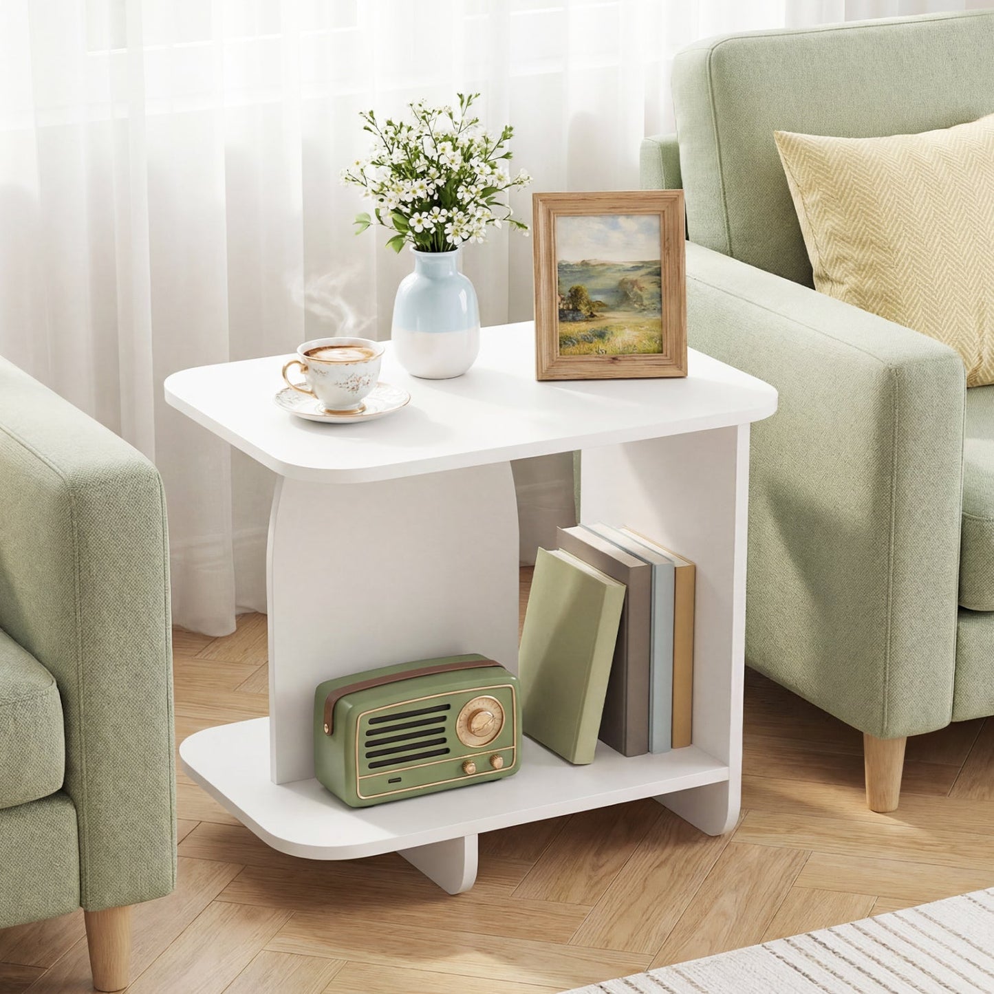 White Two-Tier Sofa Tables-Set of Two
