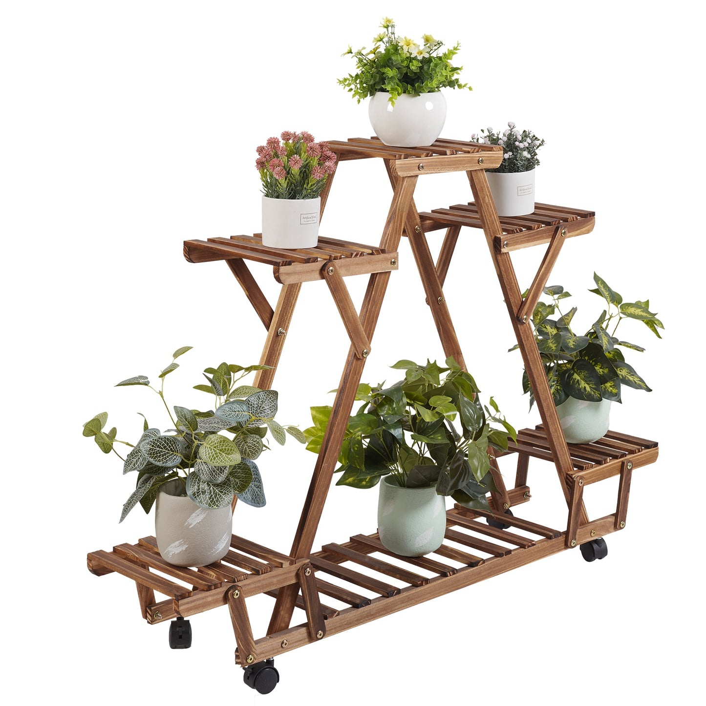 Triangular Wood Plant Holder with 6 Shelves/4 Wheels