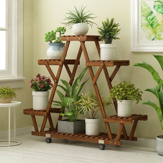 Triangular Wood Plant Holder with 6 Shelves/4 Wheels