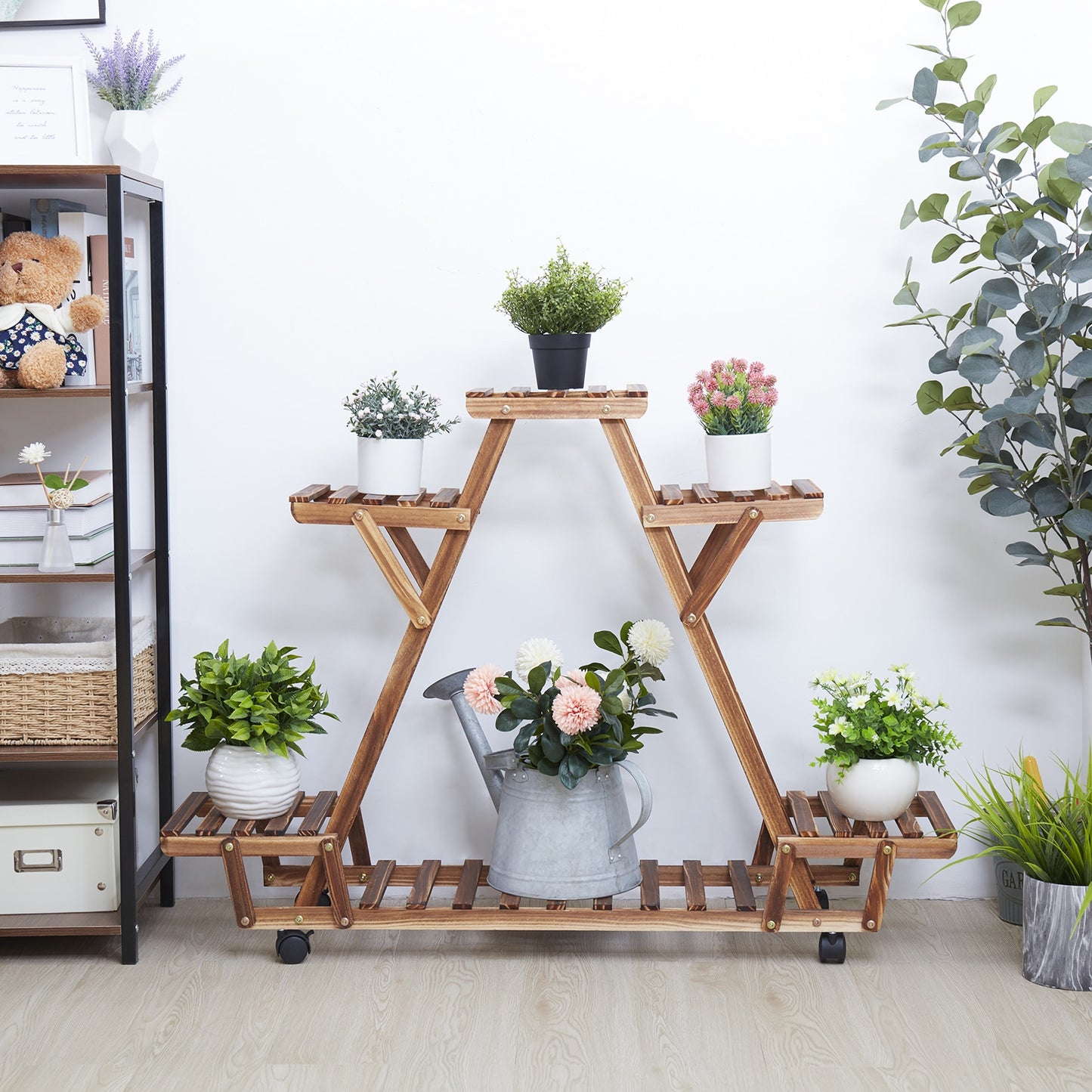 Triangular Wood Plant Holder with 6 Shelves/4 Wheels