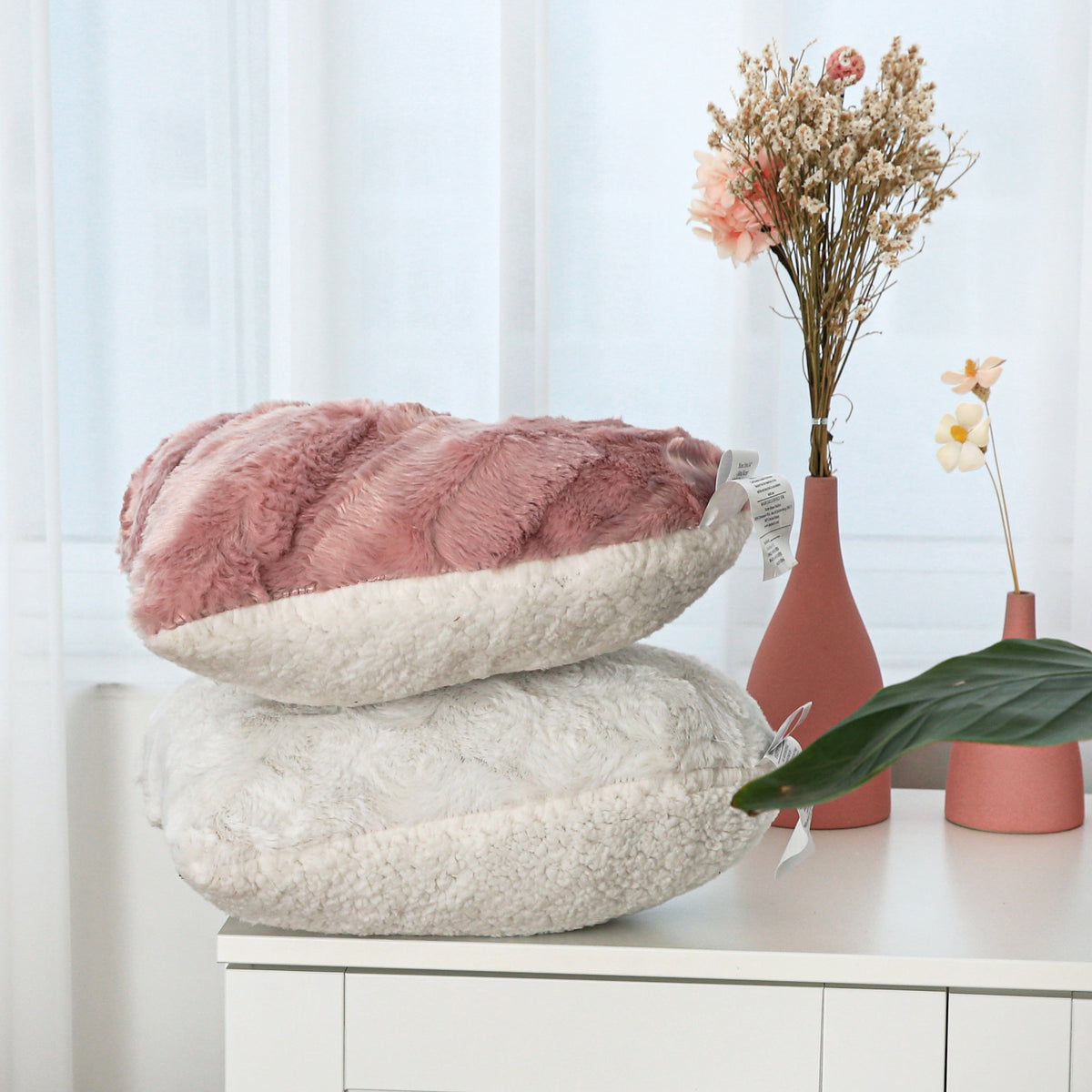 Faux Fur Pink and White Heart Pillow