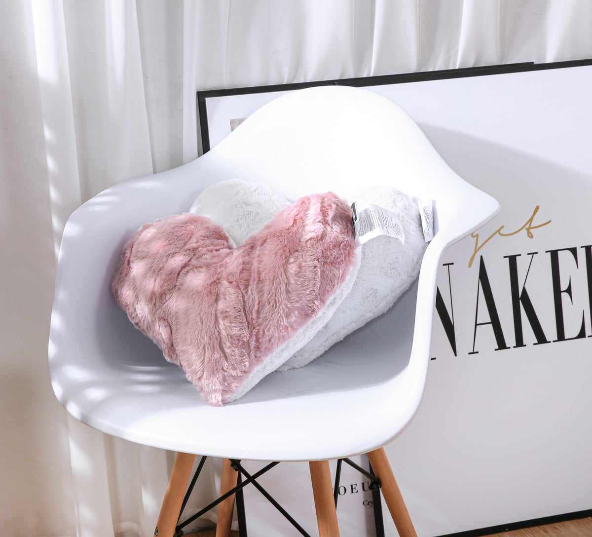 Faux Fur Pink and White Heart Pillow