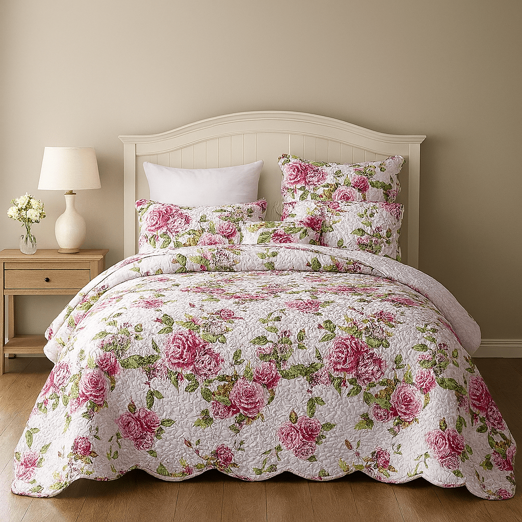 Pink Roses Floral Quilt Set