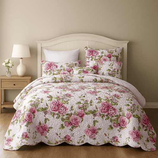 Pink Roses Floral Quilt Set