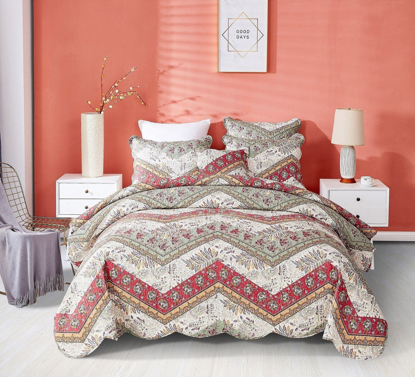 Cranberry sage Quilted Bedspread Set