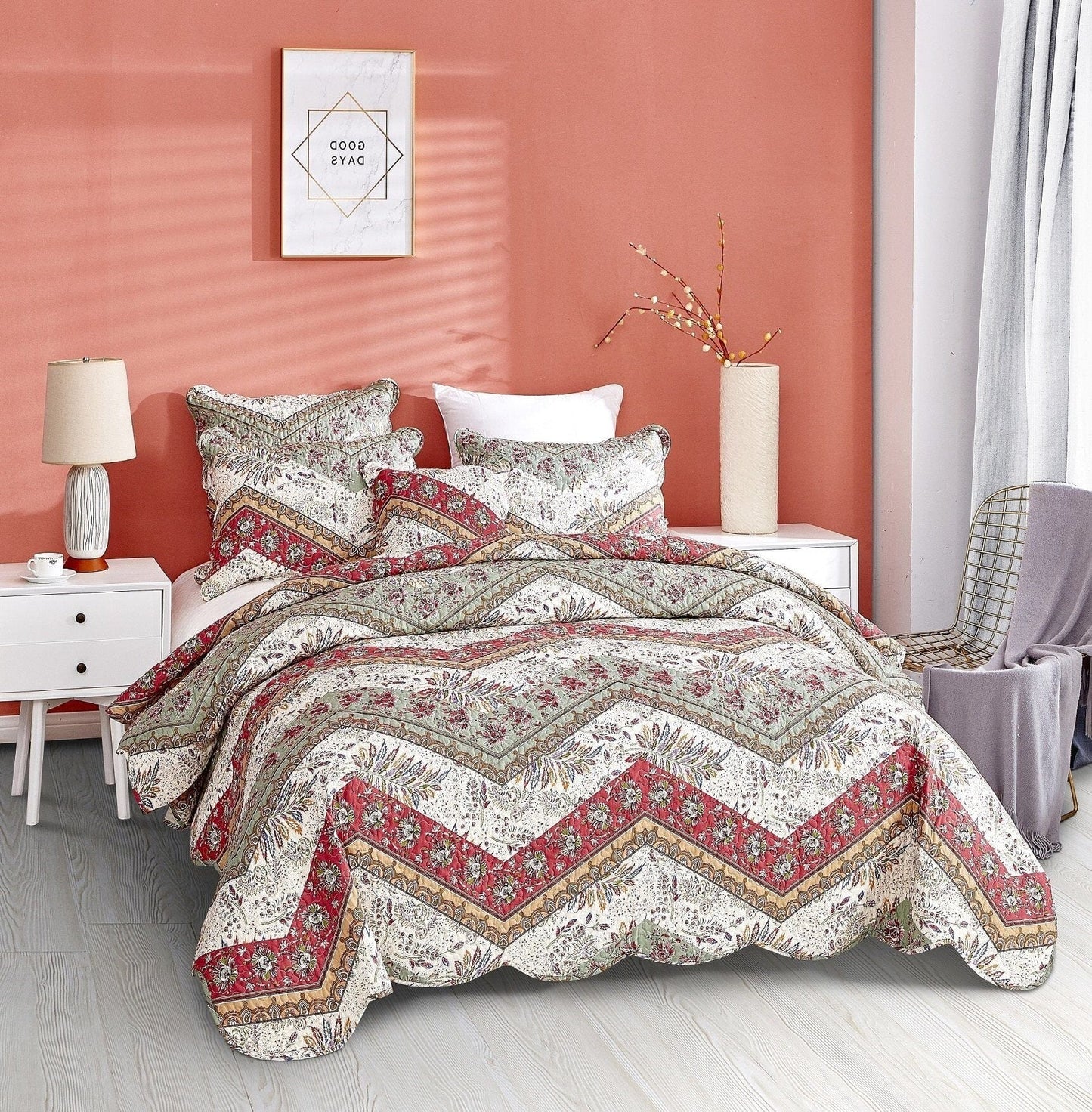 Cranberry sage Quilted Bedspread Set