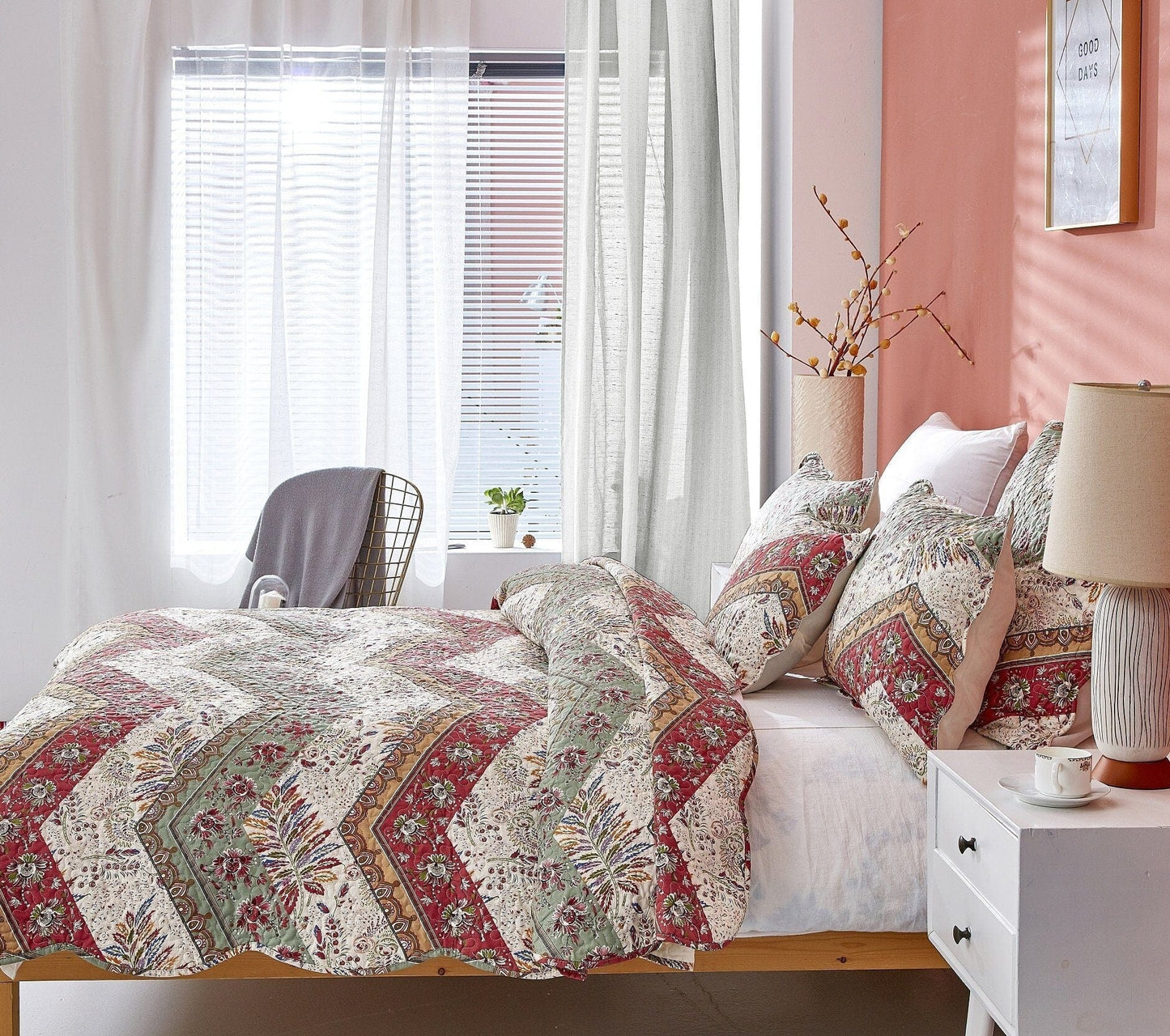 Cranberry sage Quilted Bedspread Set