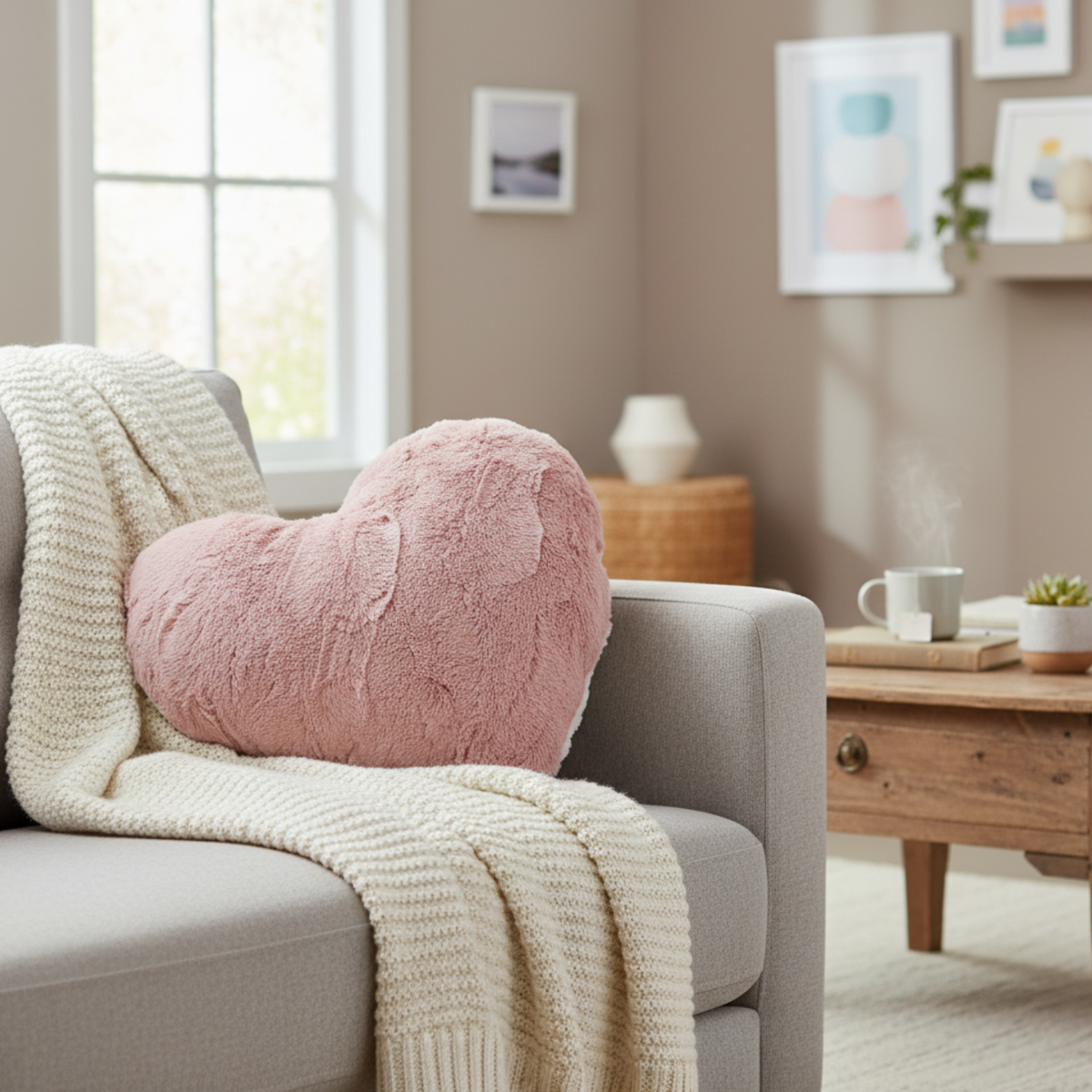 Faux Fur Pink and White Heart Pillow