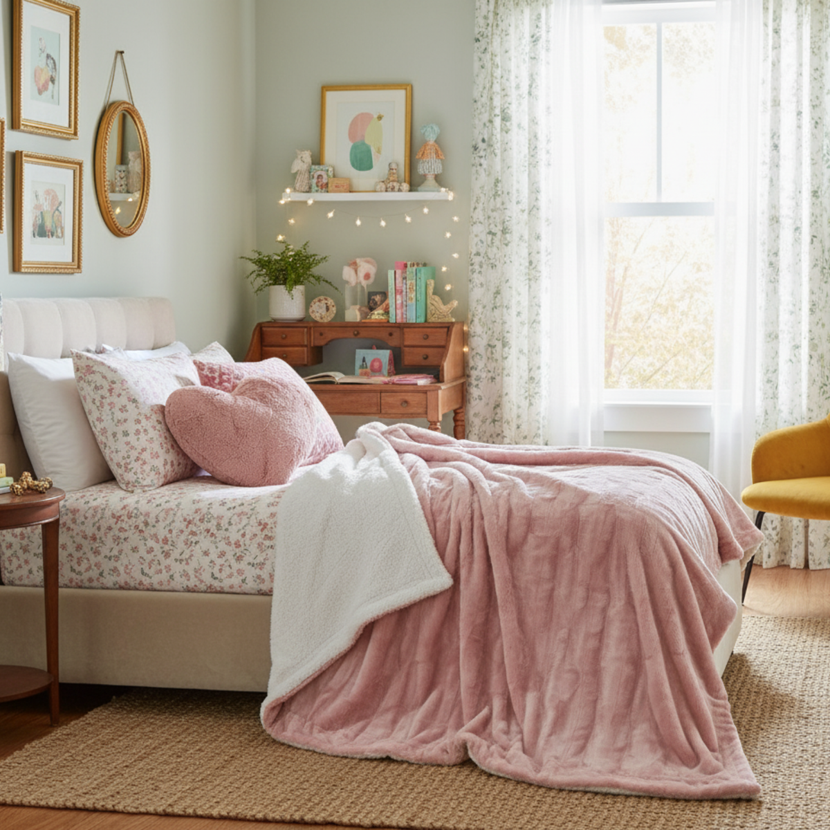 Faux Fur Pink and White Heart Pillow