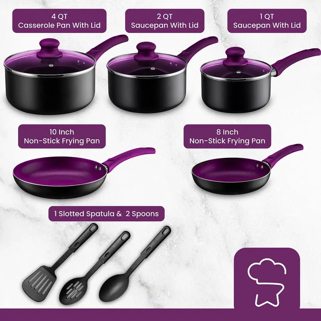 Purple/Black Non-Stick Aluminum Cookware Set