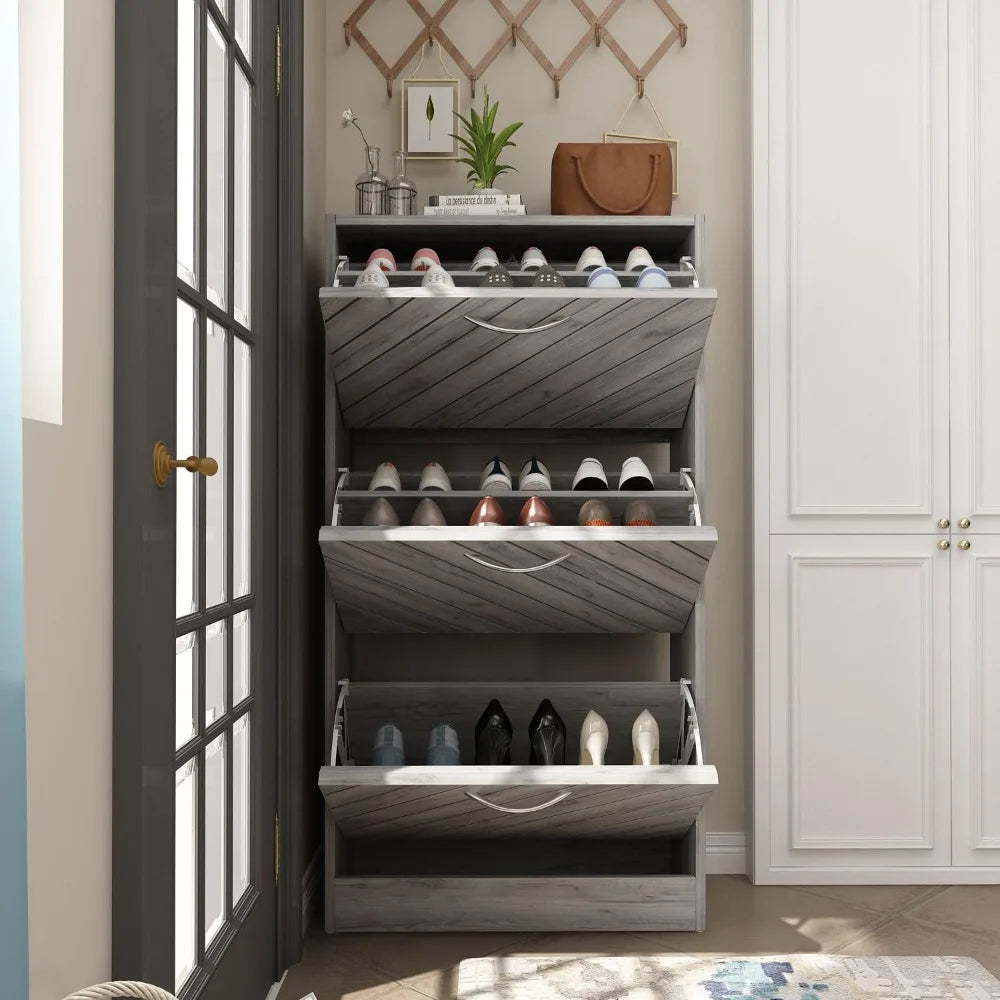 Wooden Shoe Cabinet with 3 Flip Drawers