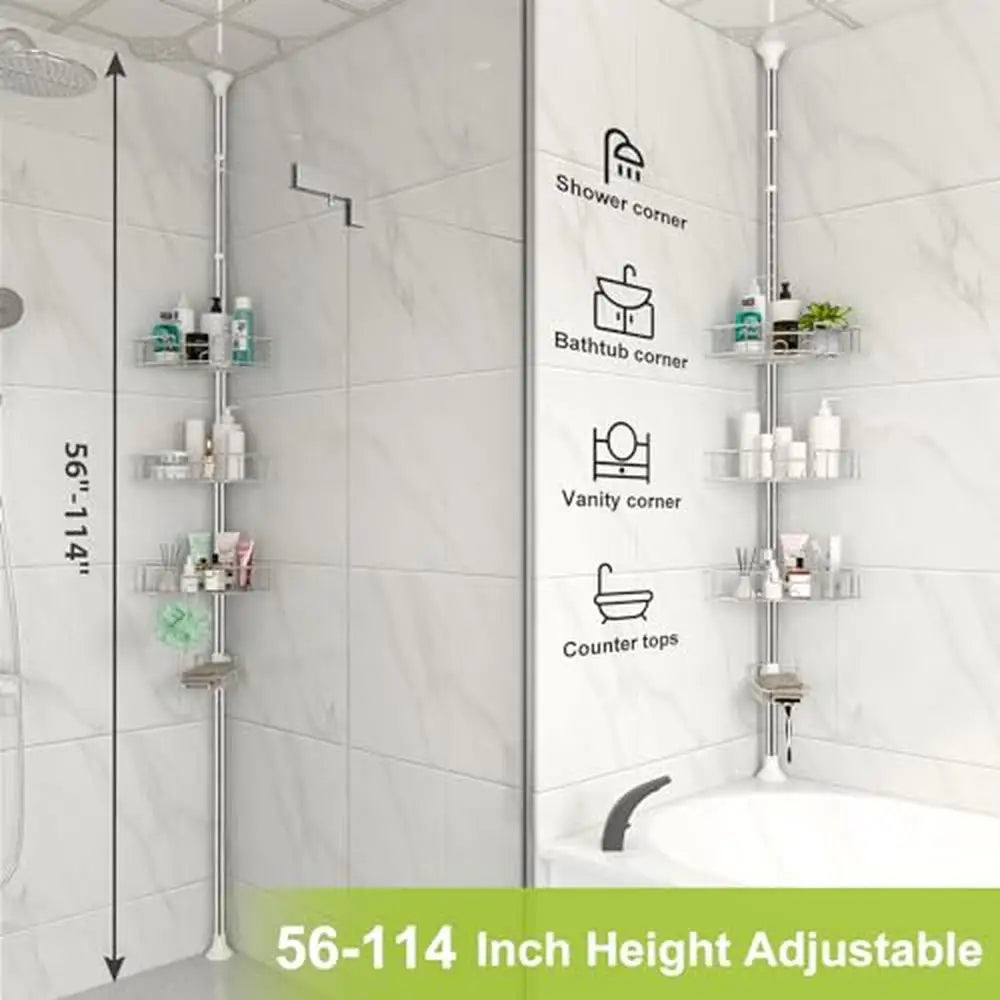 Stainless Steel Corner Shower Storage with Adjustable Pole