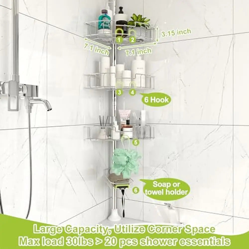 Stainless Steel Corner Shower Storage with Adjustable Pole