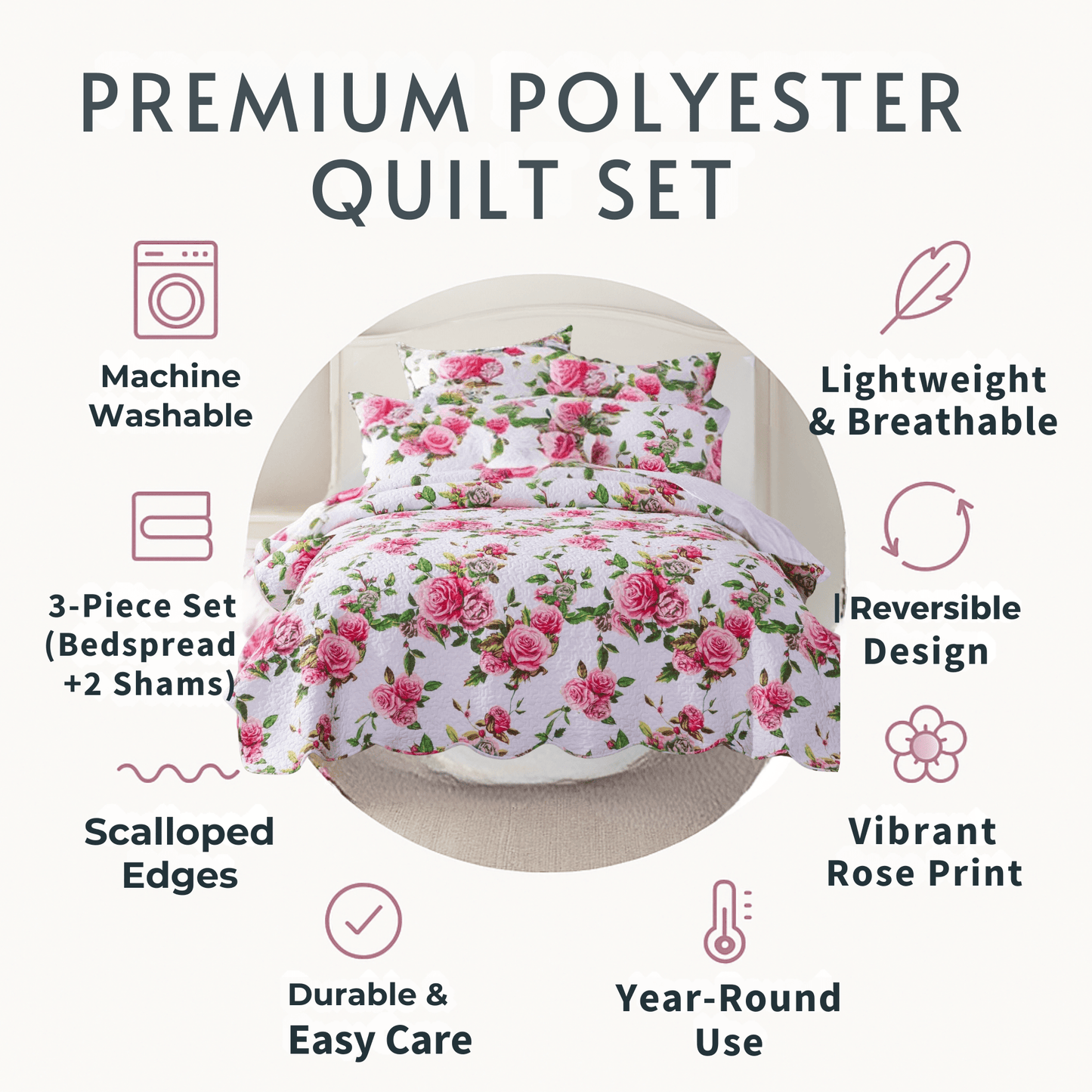 Pink Roses Floral Quilt Set
